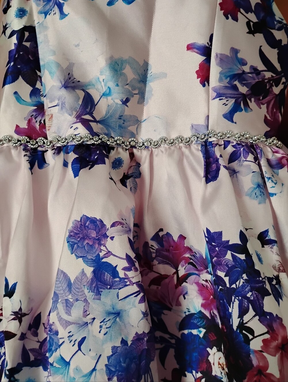 Emily Rose White Floral High-Low Dress with Purple and Blue Blooms - Picture 9 of 10